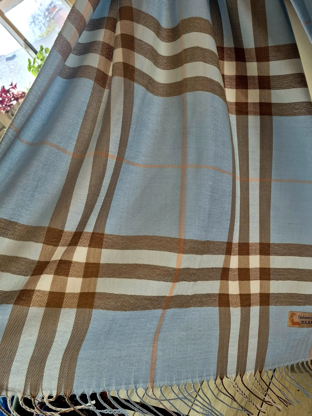 Light Blue Plaid Women's Scarf  Cashemere Blend - Classic Soft Wrap - Picture 4 of 5